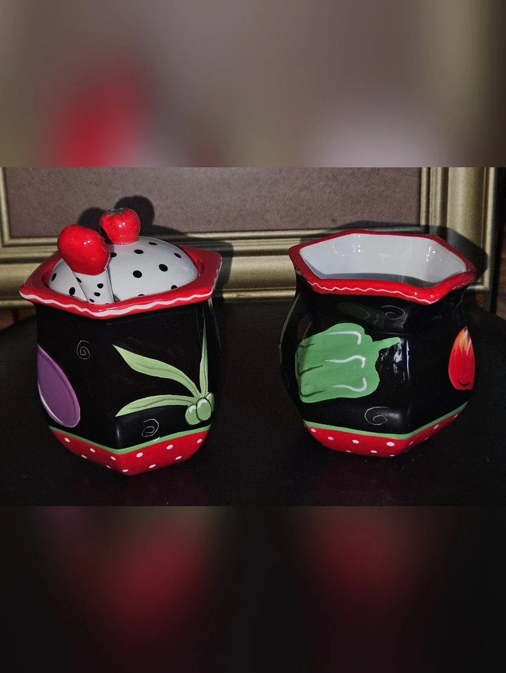 Coyne's & Company Black & Red Ceramic Tomato Sugar Jar and Creamer Set